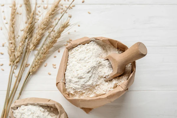 Bags Wheat Flour White Wooden Background Closeup — Stock Photo, Image