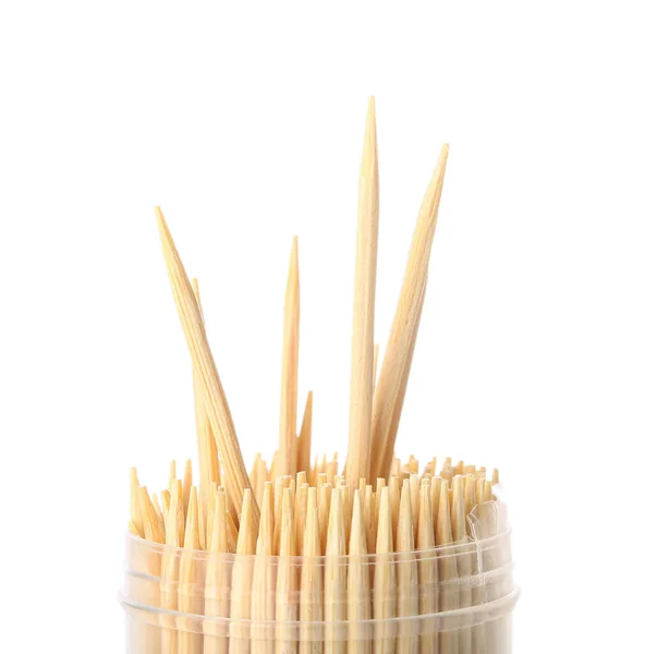 Box Bamboo Toothpicks White Background Closeup — Stock Photo, Image