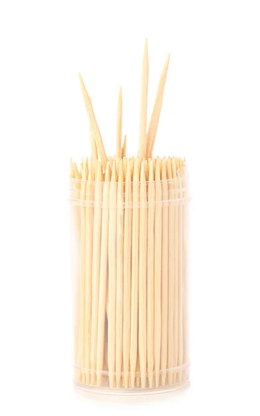 Caja Con Mondadientes Bambú Sobre Fondo Blanco —  Fotos de Stock
