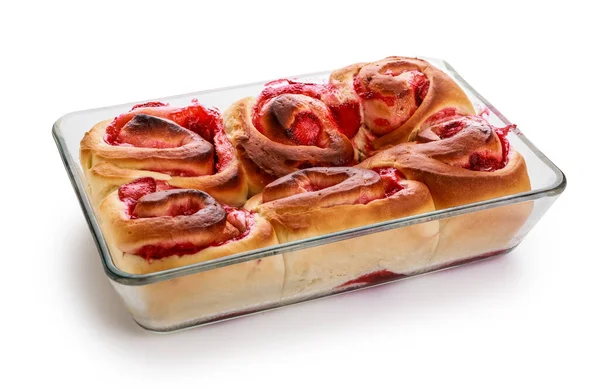 Baking Dish Strawberry Cinnamon Rolls White Background — Stock Photo, Image