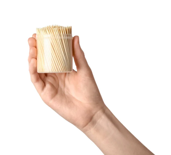 Woman Holding Box Bamboo Toothpicks White Background — Stock Photo, Image