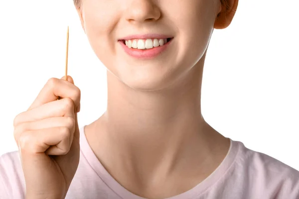 Woman Holding Bamboo Toothpick White Background Closeup — Stock Photo, Image