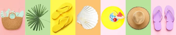 Heldere Collage Van Zomer Strand Accessoires Kleur Achtergrond Bovenaanzicht — Stockfoto