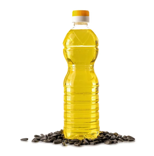 Bottle Oil Sunflower Seeds White Background — Stock Photo, Image