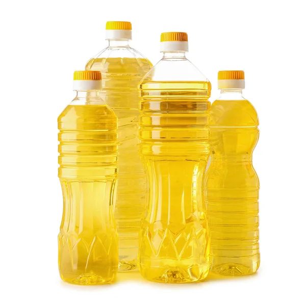 Different Bottles Sunflower Oil White Background — Stock Photo, Image