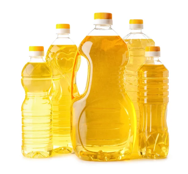 Different Bottles Fresh Sunflower Oil White Background — Stock Photo, Image