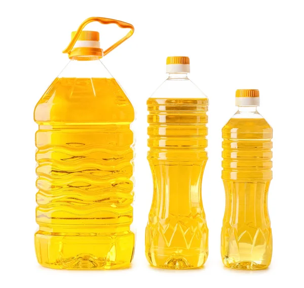 Bottles Fresh Sunflower Oil White Background — Stock Photo, Image