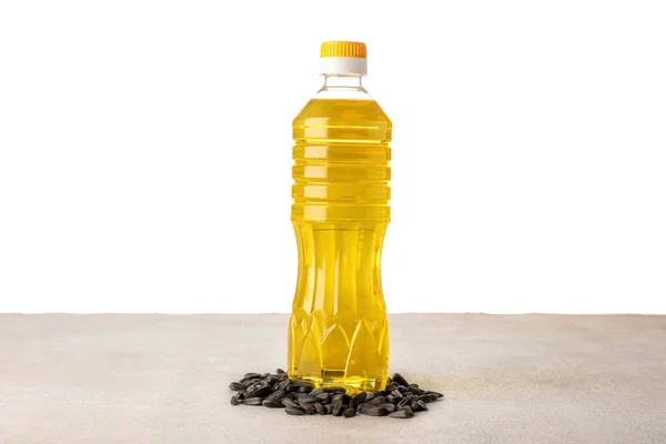 Botella Aceite Semillas Girasol Sobre Mesa Sobre Fondo Blanco — Foto de Stock