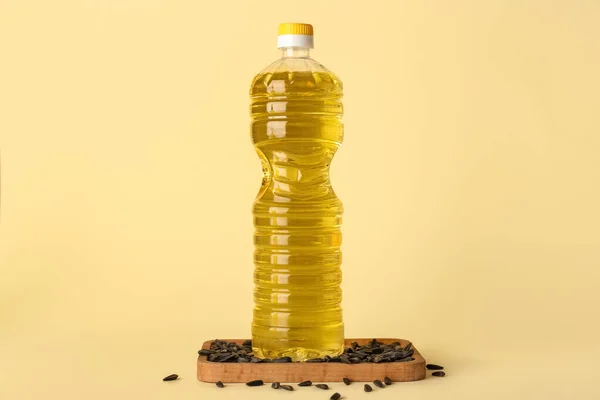 Bottle Fresh Oil Sunflower Seeds Color Background — Stock Photo, Image