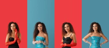 Renkli arka planda şık giyinmiş güzel Afro-Amerikan kadın takımı.