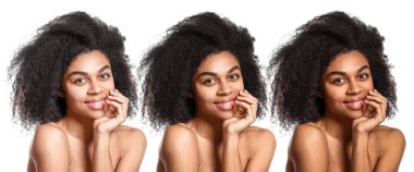 Beyaz arka planda farklı tonları olan güzel Afro-Amerikan kadın portreleri.