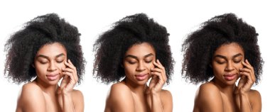 Beyaz arka planda farklı tonları olan güzel Afro-Amerikan kadın portreleri.