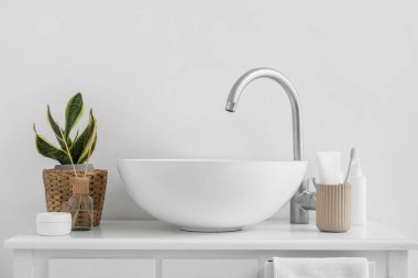 Lavabolu masa, banyo aksesuarları ve ışık duvarının yanındaki bitki örtüsü.