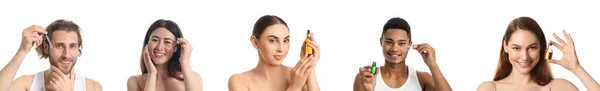 Set Mensen Met Cosmetische Olie Geïsoleerd Wit — Stockfoto