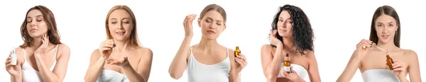 Set Van Mooie Vrouwen Met Cosmetische Olie Geïsoleerd Wit — Stockfoto