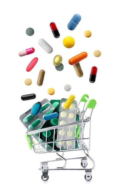 Many Pills Falling Shopping Cart White Background — Stock Photo, Image
