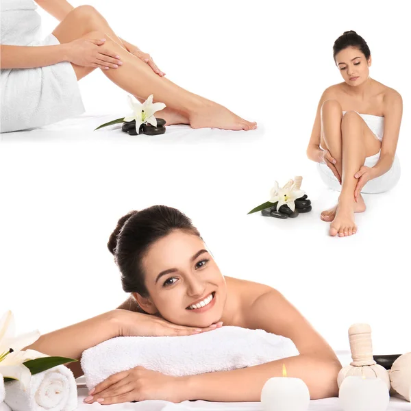 Conjunto Mulher Bonita Com Suprimentos Spa Isolado Branco — Fotografia de Stock