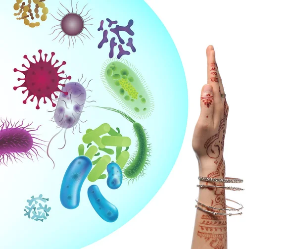 ウイルス 細菌や真菌を描いたヒンドゥ教徒の女性の手 免疫の概念 — ストック写真