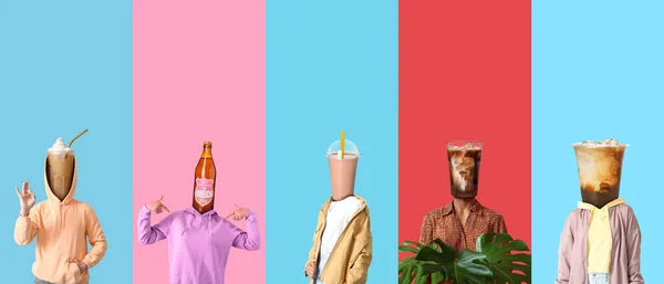 Muitas Pessoas Com Bebidas Diferentes Vez Suas Cabeças Fundo Colorido — Fotografia de Stock