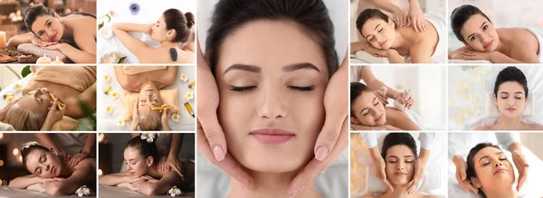 Collage Mit Schönen Frauen Die Sich Wellness Salon Massieren Lassen — Stockfoto