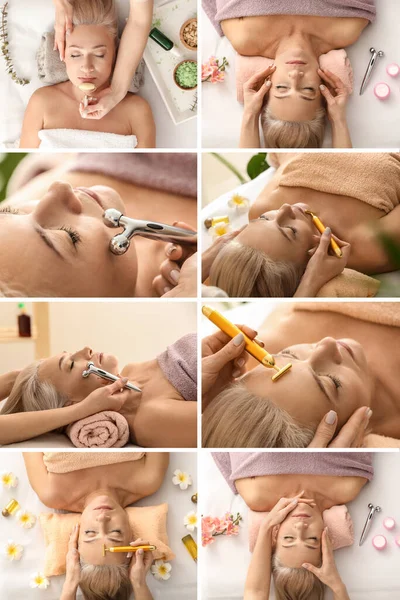 Collage Con Mujer Madura Recibiendo Masaje Facial Salón Belleza —  Fotos de Stock