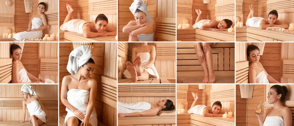 Collage Avec Une Jolie Jeune Femme Dans Sauna — Photo