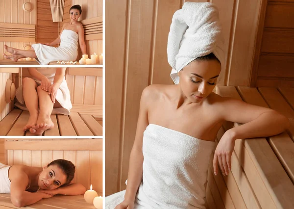 Collage Con Mujer Joven Bonita Descansando Sauna — Foto de Stock