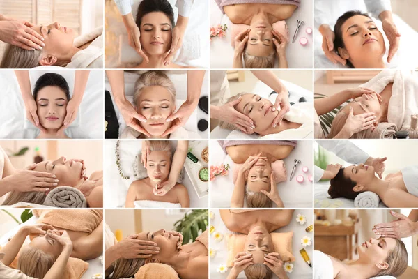 Collage Con Belle Donne Ottenere Massaggio Viso Nel Salone Spa — Foto Stock