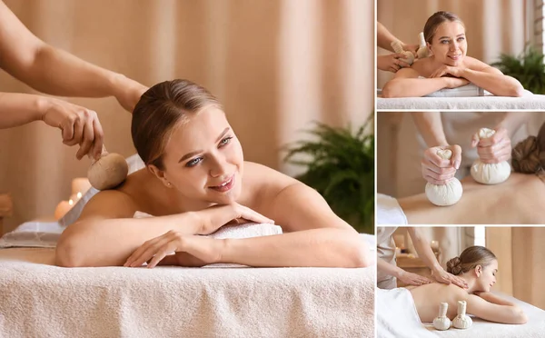 Collage Con Bella Giovane Donna Ottenere Massaggio Nel Salone Spa — Foto Stock