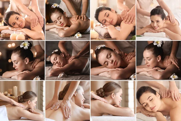 Collage Con Belle Giovani Donne Ottenere Massaggio Nel Salone Spa — Foto Stock