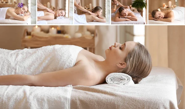 Collage Con Bella Giovane Donna Nel Salone Spa — Foto Stock