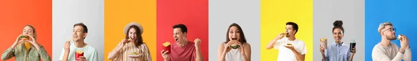 Set Van Gelukkige Mensen Met Verschillende Fast Food Kleurrijke Achtergrond — Stockfoto