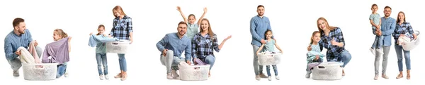 白い背景に洗濯機付きの幸せな家族のセット — ストック写真
