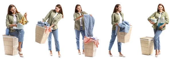 Set Von Schönen Hausfrau Mit Wäsche Auf Weißem Hintergrund — Stockfoto