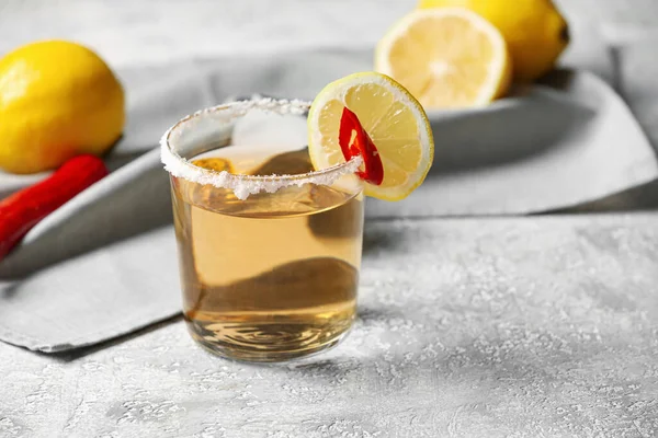 Glass Tasty Mexican Tequila Lemon Table — Stock Photo, Image