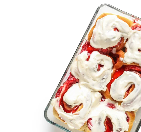 Baking Dish Strawberry Cinnamon Rolls Cream White Background — Stock Photo, Image