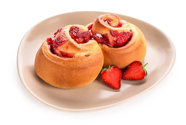 Plate Strawberry Cinnamon Rolls White Background — Stock Photo, Image