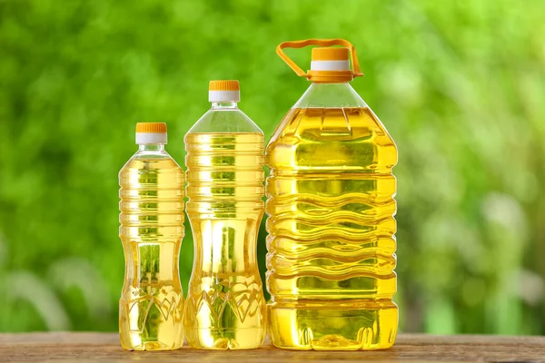 Bottles Sunflower Oil Table Outdoors — Stock Photo, Image