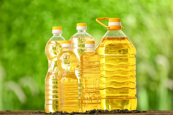 Bottles Sunflower Oil Table Outdoors — Stock Photo, Image