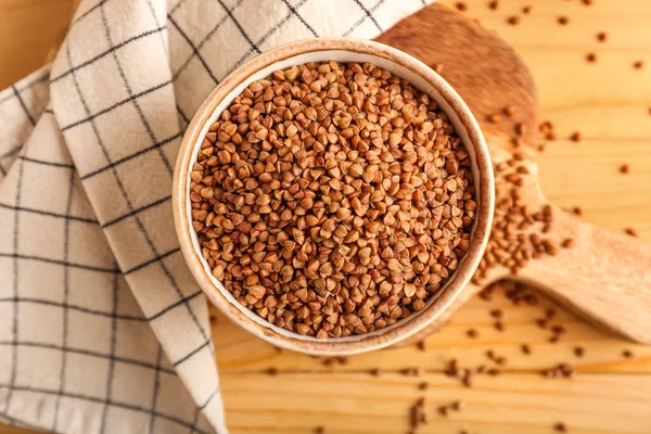 Bowl Buckwheat Grains Napkin Wooden Table — Stock Photo, Image