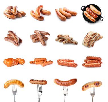 Set of different tasty grilled sausages isolated on white clipart
