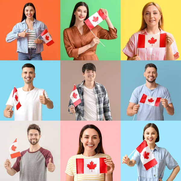 Conjunto Pessoas Com Bandeiras Canadá Fundo Colorido — Fotografia de Stock