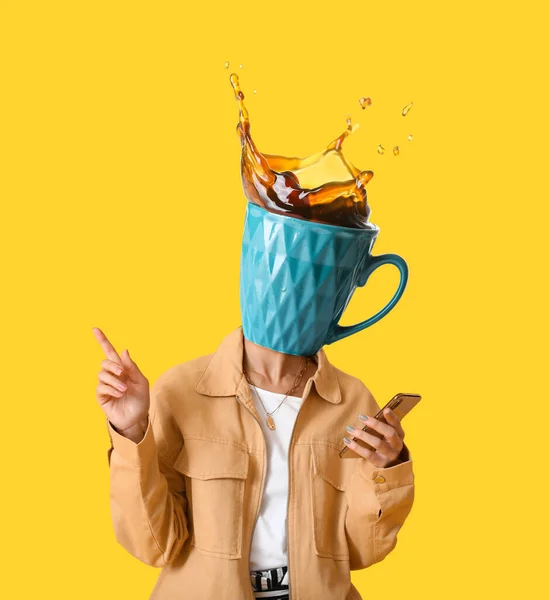 Woman Cup Hot Coffee Instead Her Head Phone Yellow Background — Stock Photo, Image
