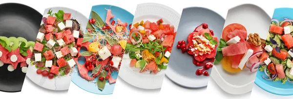 Colagem Com Diferentes Deliciosas Saladas Melancia Fundo Branco Vista Superior — Fotografia de Stock