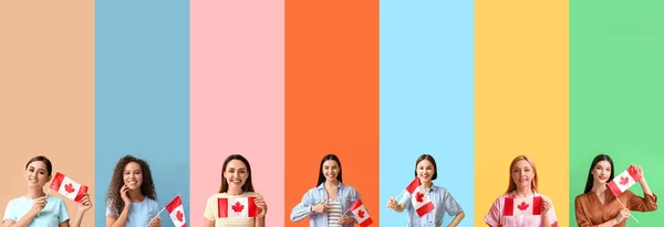 Набор Женщин Флагами Канады Красочном Фоне — стоковое фото