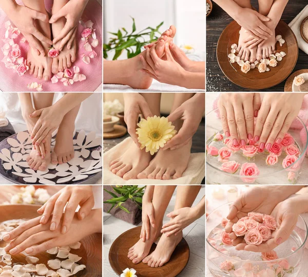 Collage Met Jonge Vrouwen Ondergaan Spa Pedicure Manicure Behandeling Schoonheidssalon — Stockfoto