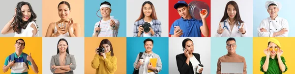 Conjunto Jóvenes Asiáticos Sobre Fondo Color —  Fotos de Stock