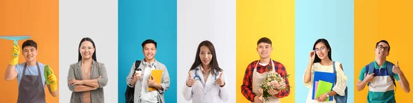 Conjunto Jóvenes Asiáticos Sobre Fondo Color Con Espacio Para Texto — Foto de Stock