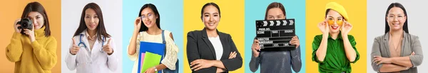 Set Young Asian Women Color Background — Stock Photo, Image