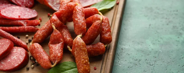 Different Types Smoked Sausages Table Banner Design — Stock Photo, Image